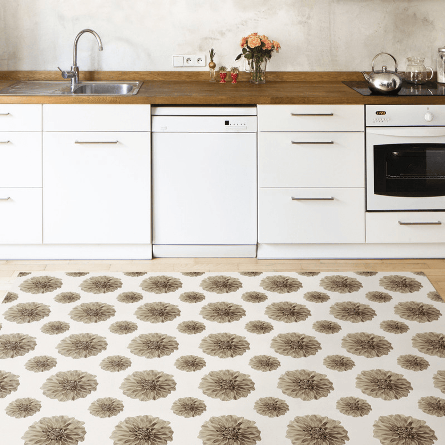 gray flower vinyl rug non slip made in america - True USA Co
